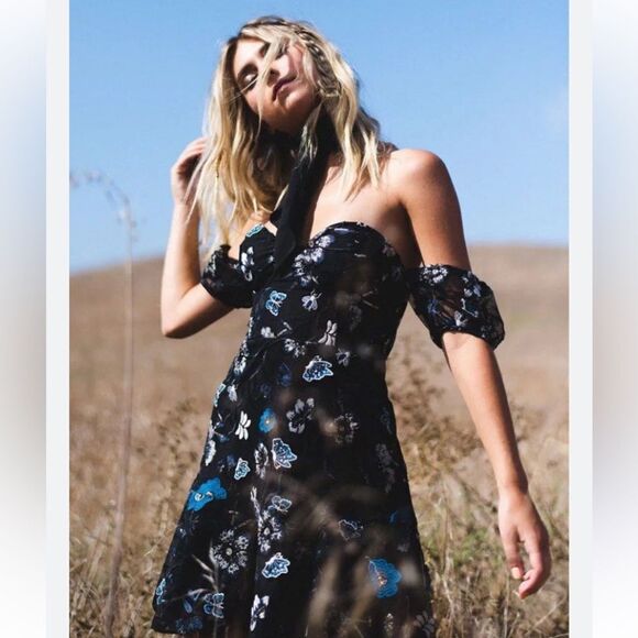 For Love & Lemons Botanic Mini Black Dress Butterfly Embroidered Size M - Picture 13 of 17